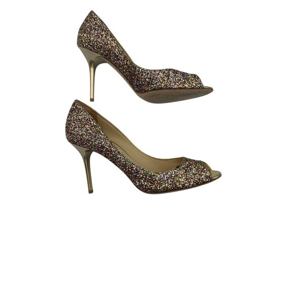 JIMMY CHOO Evelyn Multicolor Glitter Peep Toe Gold Heels Shoes Size 39 US 9 - Picture 6 of 10